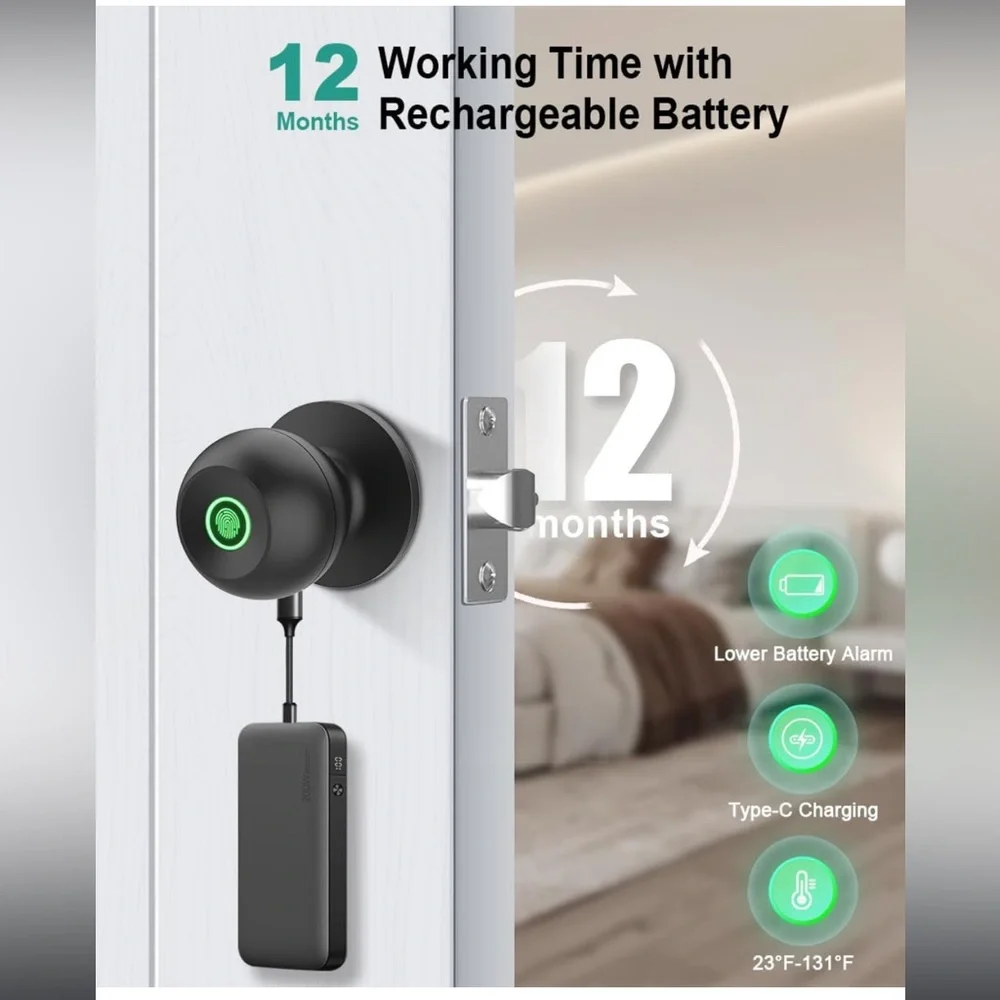 NIB KLLOQUE Black K10 Smart Fingerprint Door Knob Keyless Thumbprint Entry $54! - Picture 4 of 12